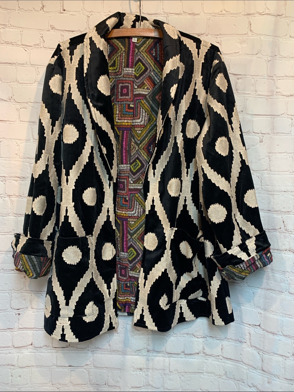 John Mark Velvet Black Cream Boho Jacket Size L - Picture 2 of 8